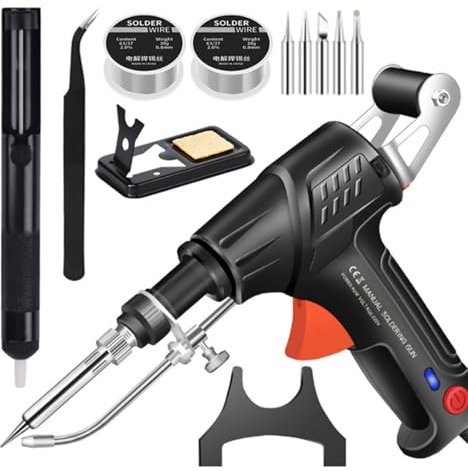 Industrieller Schweißpistole, Automatische Lötpistole Kit, Handschweißgerät für Leiterplatten Reparatur, Schweißgerät Set mit 5 Lötspitzen, 2 Rollen Zinndraht, ESD-sichere Pinzette(EU PLUG)