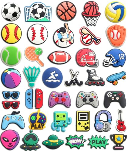 Mowzury 40PCS Sports Shoe Charms for Boys,Baseball Soccer Basketball Football Shoe Decoration Pins for Clog Accessories for Girls Teens Adults Party Favor Gifts