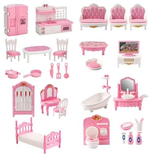 4 Sets Dollhouse Furniture Set, Realistic Plastic Dollhouse Miniatures Includes Kitchen, Bedroom, Bathroom and Living Room DIY Kit, Doll House Accessories and Furniture for Kids, Toys