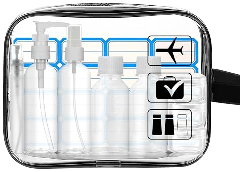 Trousse de Toilette Transparente + 8 Bouteilles Vide - Kit de Voyage avec Pochette Étanche et Sac Transparent pour Produits Toilette - Conforme aux Normes Aériennes