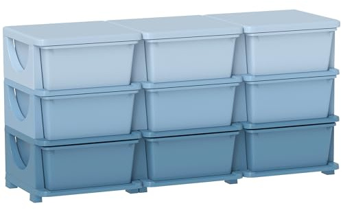 HOMCOM 9 Drawers Plastic Storage Units, 3 Tier Kids Storage Units, Children Toy Chest for Nursery, Playroom, Bedroom, Blue