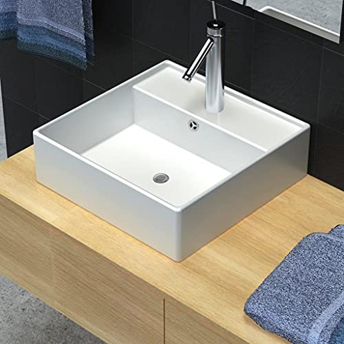 Lavabo de Cerámica Blanco con Rebosadero, Diseño Ovalado Moderno para Baño, Lavadero o Tocador, Orificio para Grifo y Desagüe, Fácil de Limpiar, 41x41x15 cm