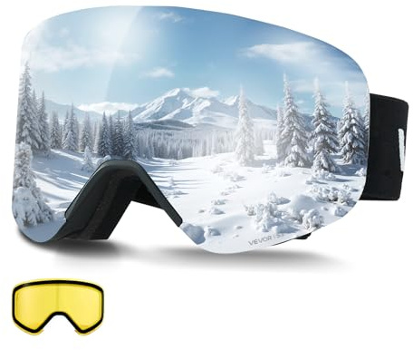 VEVOR Masque de Ski Revêtement Revo Argenté Masque de Snowboard OTG, avec Verres Cylindriques Magnétiques, Double Ventilation Anti-buée, Lunettes de Ski Motoneige pour Garçons, Filles, Hommes, Femmes