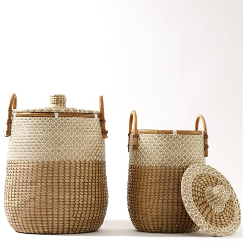 Wäschesammler mit deckel, 2 WäscheKörbe-Set aus Seegras,Großer Aufbewahrungskorb,Geflochtener Wäschetonne Handgeflochten für Kinderspielzeug,Heimtierbedarf,Deko,mit Griff und Innere Beutel(48/86L)