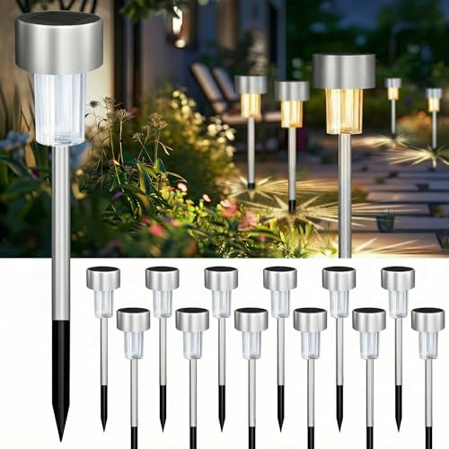 Jsdoin 12 Stück Solarleuchten für Außen Garten, Premium Echtglas & Edelstahl Solarlampen für Außen, Wasserdicht IP44 LED Wegbeleuchtung, Auto Ein/Aus Gartenleuchten für Wege, Rasen & Terrasse
