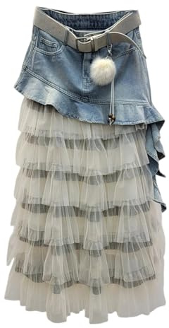 QOUERUUE Lång jeanskjol för kvinnor med lager av meshtyll, patchwork och volang i A-linje,White,XXL