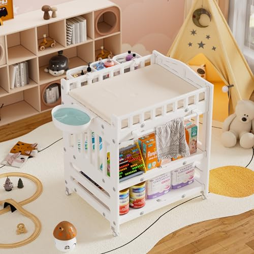 Table à Langer, étagère à Langer avec 2 Compartiments de Rangement, Boîtes Suspendues et Lavabo, Station à Langer avec Matelas en Latex,Mobile Commode a Langer Bebe,Blanc