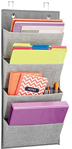 mDesign Hängeorganizer in Jute-Muster (grau) – 4 große Aufbewahrungstaschen aus atmungsaktivem Polypropylen – Mehrzweckschrank zum über die Tür hängen oder zur Wandmontage