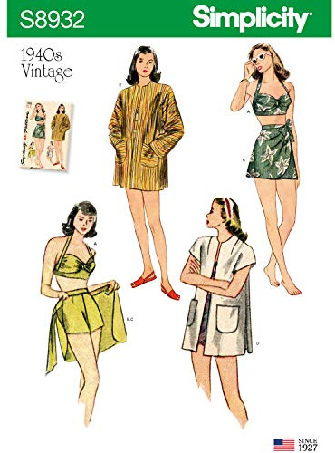 Simplicity Patrón de costura S8932 para mujer, parte superior de bikini vintage, pantalones cortos, envoltura, falda y abrigo, papel, blanco, varios