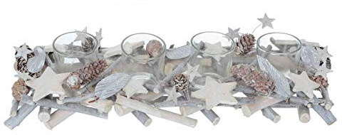 Grey Silver Christmas Tealight Candle Holder Wood Twigs Stars 4 Glass Jars 40cm