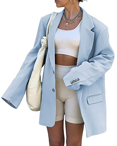 Grlasen Women Casual Elegant Long Sleeve Oversized Lapel Blazers Open Front Solid Work Office Jacket Blazer Light Blue