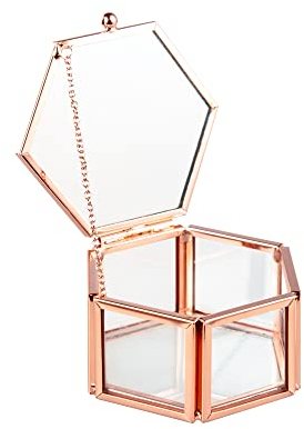 Feyarl Ringbox Schmuckschatulle aus Glas, geometrischer Schmuckkasten für Ringe Schmuck, ideales DIY Hochzeits Muttertag Geschenk Rosengold 8cm