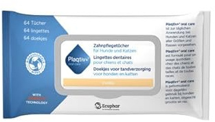 Plaqtiv+ Lot de 64 lingettes dentaires pour chiens et chats - Peut contribuer à une bonne hygiène buccale - Peut aider à inhiber la formation de tartre