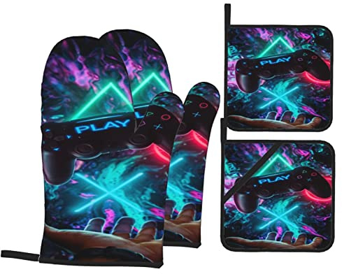4 Pièces Manique Et Gant pour Cuisiner Contrôleur De Jeu Vidéo Coloré Galaxy Play Games Gant pour Barbecue Antidérapants Gants De Four pour Barbecue, La Cuisine, BBQ