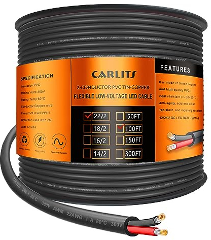 CARLITS 22 Gauge 2 Conductor Electrical Wire, 100FT Black Stranded Low Voltage 22/2 Cable PVC Case, Flexible Extension Power Cord for LED Lamp, Automotive, Boat, Electronic