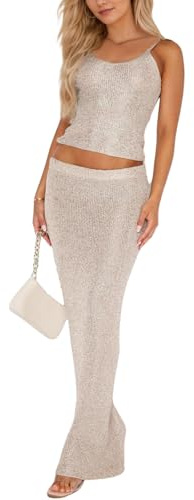 Naileksi Completo sexy da donna in maglia glitterata, 2 pezzi, con paillettes, slim fit, crop top scintillante maxi gonna aderente set Clubwear, Oro, Medium