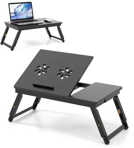 LIFEZEAL Tavolino Pieghevole PC, Vassoio Portatile per Mangiare a Letto, in Bambù, con Cassetto, Piano Inclinabile, Altezza Regolabile, Dispersione di Calore, Anticaduta, Max 15kg (marrone)