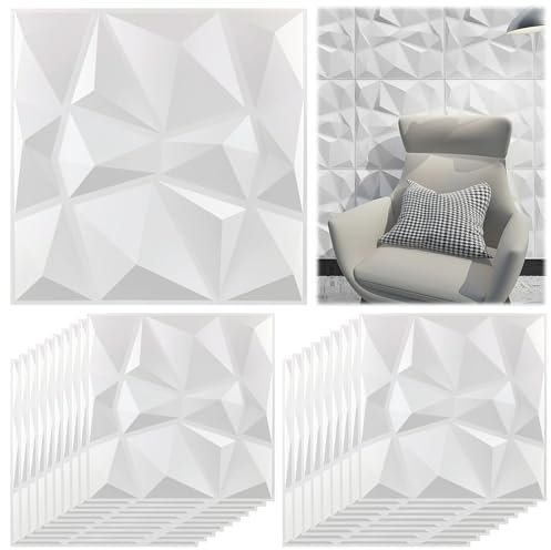20 Piezas Panel de Pared de 3D Diamante 30 x 30 cm para Decoración de Paneles Decorativos en Blanco, Revestimiento de Paredes PVC, Resistentes al Agua, Resistentes al Calor, Inodoros, Blancos Mate