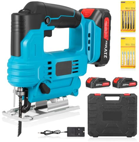 Cordless Jigsaw 21V 600W with 4 Orbital Setting, 3000SPM, 2x2Ah Battery, 6 Variable Speed, ±45° Bevel Cutting Angle, 10Pcs Blades, Electric Jigsaw for Wood Metal Cutting, with Charger & Carrying Case