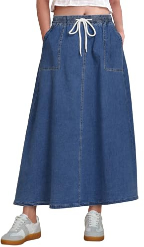 luvamia Denim Skirts for Women Trendy A Line Long Maxi Pull On Elastic Waist Drawstring Stretchy Jean Skirt with Pockets High Waist Skirt Classic Blue Size X-Large Fits Size 16-18