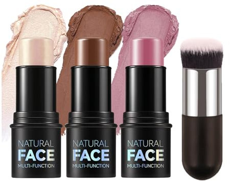 3 Stück Contour Highlighter Blush Sticks - Lang anhaltende wasserdichte Creme-Konturenstifte Rouge Gesicht Make up with Brush- Bronzer Contour & Shimmer Highlighter (Rosa 156 Set with Brush)