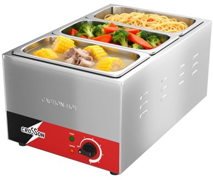 CROSSON Commerciale Scaldavivande Elettrico, 1200W Scaldavivande Professionale in Acciaio Inox con 3 Pentole da 1/3,Controllo Temperatura 30-85°C per Catering e Ristoranti