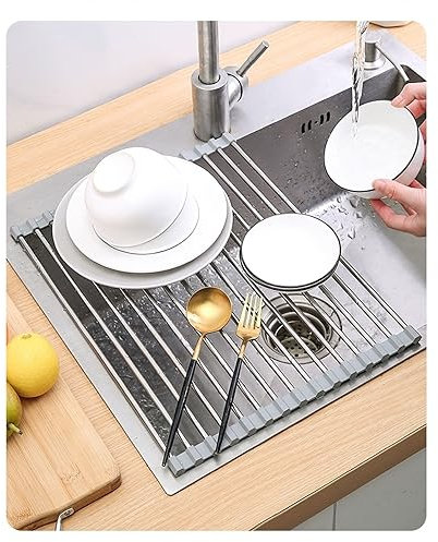 Scolapiatti pieghevole in acciaio inox, arrotolabile, per lavello, ciotola, stoviglie, piatti, setaccio per farina, per cuocere al forno (grigio)