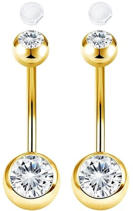 AceFun 2 piercing ombligo acero quirurgico 16mm oro con 2 tapas antideslizantes silicona para mujer CZ transparente Barra curva Barbell Joyas para piercing con rosca exterior Piercings bonitos
