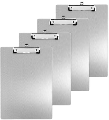 APACALI 4 pièces Tableau à Pince A4 en Aluminium avec Pince en Métal Gommée, Tableau à Pince DIN A4 avec Embrassure, Support pour Bloc-Notes, Tableau à Pince en Aluminium pour Bureau, Classe