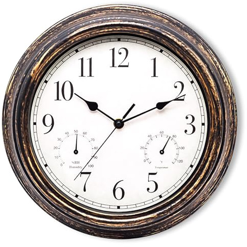 Horloge Murale Exterieure Etanche, 30 cm Horloges de Jardin Etanches avec Thermomètre et Hygromètre, Horloge De Jardin, Horloges D'extérieur Etanche pour Balcon, Salle de Bain, Cuisine