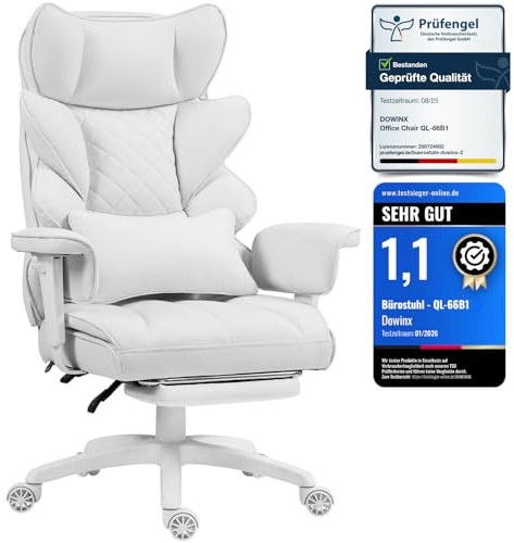 Dowinx Chaise Ergonomique Gaming et Bureau – Coussin à Ressorts ensachés, Dossier Double Couche Souple, accoudoirs réglables, Soutien Lombaire, Repose-Pieds (Textile Blanc)