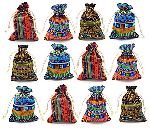 GALAOMA 12pc Egyptian Style Jewelry Coin Pouches Aztec Print Drawstring Gift Bag Party Accessories Brocade Cotton Sachet Candy Present Pouch Travel Purse Ethnic (12)