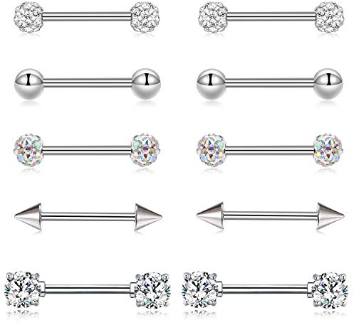 VFUN 14G Brustwarzenpiercing Barbell Zungenpiercing Chirurgenstahl CZ Helix Cartilage Ohr Körper Piercing Schmuck 16mm - Silber