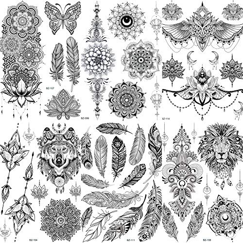 COKTAK 6 Feuilles Noir Autocollants Tatouage Temporaire Adultes Femmes Filles Plume Mandala Fleur Art Corps Bras Grand Tatouages Feuille Dentelle Mariage Tatouages Hibou Temporary Tattoos