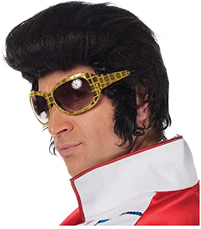 PAPSTAR NEU Perücke Herren Rockabilly Rock 'n Roll mit Koteletten, schwarz - mit Haarnetz