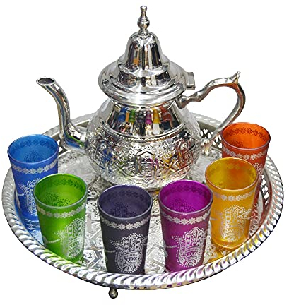 Set da tè marocchino completo. Teiera 800 ml Vassoio 32 cm 6 bicchieri tipici in vetro colorato