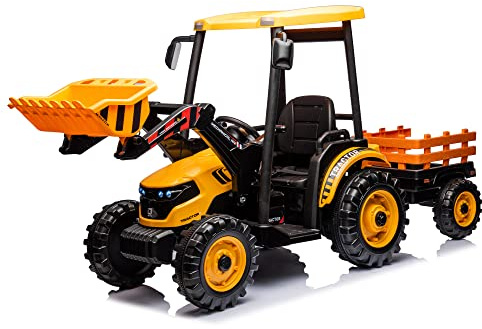 Kidsera 24V Kids Ride on Tractor with Trailer & Front Loader, 3 In1 Tractor 4-Gearbox 24volt Dual Motors Metal Frame, 24V Ride on Toys for Big Kids, Power Wheels Kids Electric Vehicles (Yellow)