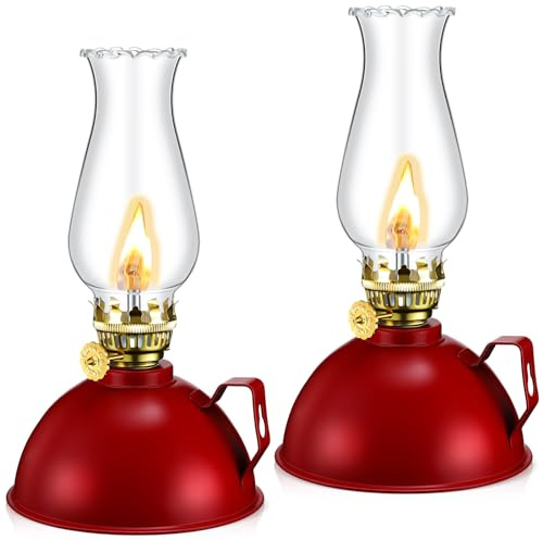 Retisee Oil Lamp Indoor Rustic Kerosene Lamp Lantern Metal Glass for Indoor Vintage Glass Clear Kerosene with Oil Wick for Use Home Decor Lighting(2 Pieces,Red)
