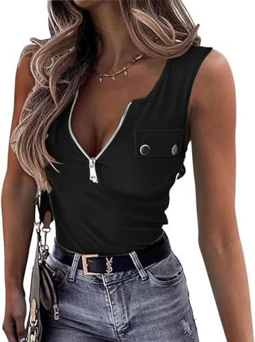ELFIN Damen Ärmellos Tank Top Gerippt Sommer Sexy Oberteile Reißverschluss Stretch Weste Slim Fit Basic Shirt Ribbed Tops (L, Schwarz)