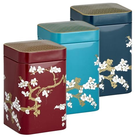 MediMuc Lata de jade japonés de 100 g cada uno, juego de 3 unidades, con flores blancas lacadas, tapa de cierre, lata de té (largo x ancho x alto) 7,0 x 7,0 x 10,9 cm de volumen, aprox. 530 ml