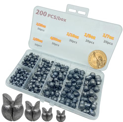 DAMIDEL 200Pcs/Box Big Size Removable Split Shot Fishing Sinkers(1/7oz,1/9oz,1/10oz,4/50oz,1/25oz,1/50oz Mixed)，Adjust Open Mouth Design Fishing Weights Clip for Freshwater Saltwater