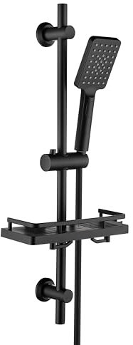 Görbach Edelstahl Duschset mit Duschablage, Brausestangeset 70cm Duschstange mit Duschkopfhalterung und Schlauch für Badezimmer Rechteckig Matt Schwarz