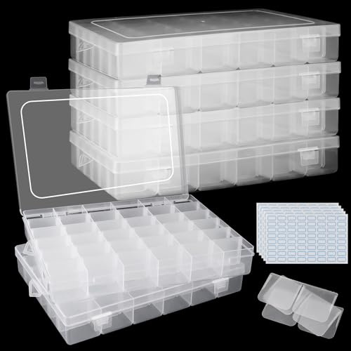 CYEER 4 cajas clasificadoras para piezas pequeñas, 36 compartimentos, caja de almacenamiento de plástico con compartimentos, caja de almacenamiento transparente para piezas pequeñas, organizador de