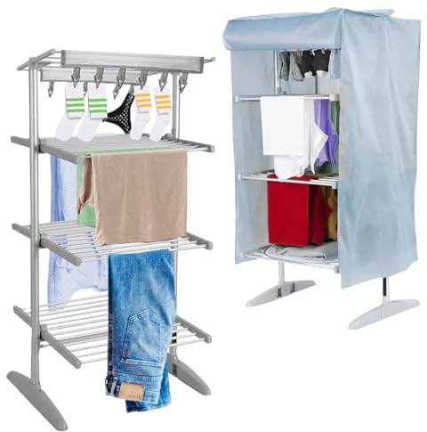 4 Tier Digital Electric Heated Clothes Airer - With Cover | Drying Laundry Rack | Size 147cm, 300w | Extendable Foldable Indoor Heated Dryer | For Winter & Cold Weather | Adjustable Timer Settings