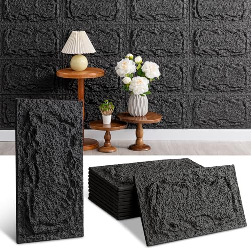 10 Piezas Paneles de Pared 3D con Aspecto de Piedra, 45 x 25cm PVC Paneles Decorativos para Pared interiores y exterior, Paneles Acústicos 3D, Revestimiento de Pared (Negro)