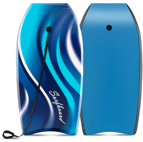 GOPLUS Bodyboard, Schwimmbrett Schwimmboard leicht tragbar für Strand, Meer, Surfboard, Sup-Board mit Handgelenksleine, Surfbrett für Kinder Jugendliche Erwachsene (104cm,Blau+Welle)