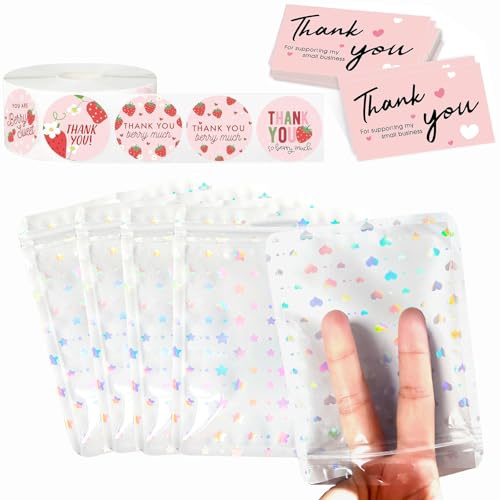 600 Pieces Resealable Packaging Bag, Thank Cards and Stickers Set Thank Gold Foil Stickers for Supporting My Small Business Suitable for Business Owners