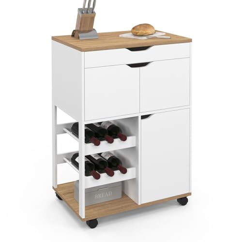 IDMarket - Carrito de cocina COSY con armarios y estantes para botellas de madera y blanco