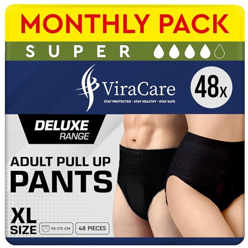 48 x Black Super Incontinence Pants Women and Men, Adult Nappies | High Absorption, Anti-Leakage, Soft-Stretch Waistband, Breathable, Discreet Fit, Adult Diapers, X-Large Size (4 Packs of 12)