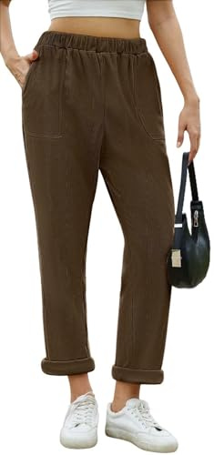Joligiao Pantalon en Velours Côtelé Femme Pantalon Taille Élastiquée Haute avec Poches Pantalons Chic et Elegant Automne Hiver Décontracté Pantalons Thermique Couleur Unie Long Extensible et Léger